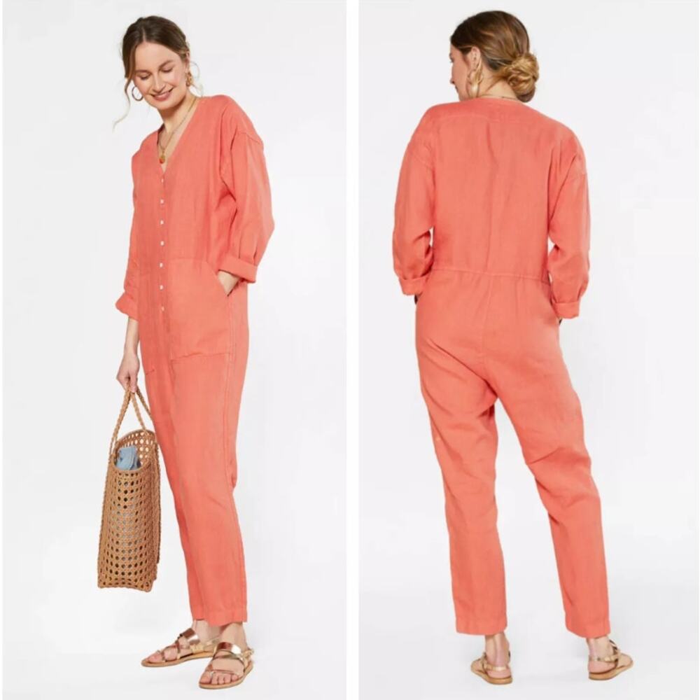 Outerknown Retrograde Linen Button Down Coverall Jumpsuit in Coral, Size Large